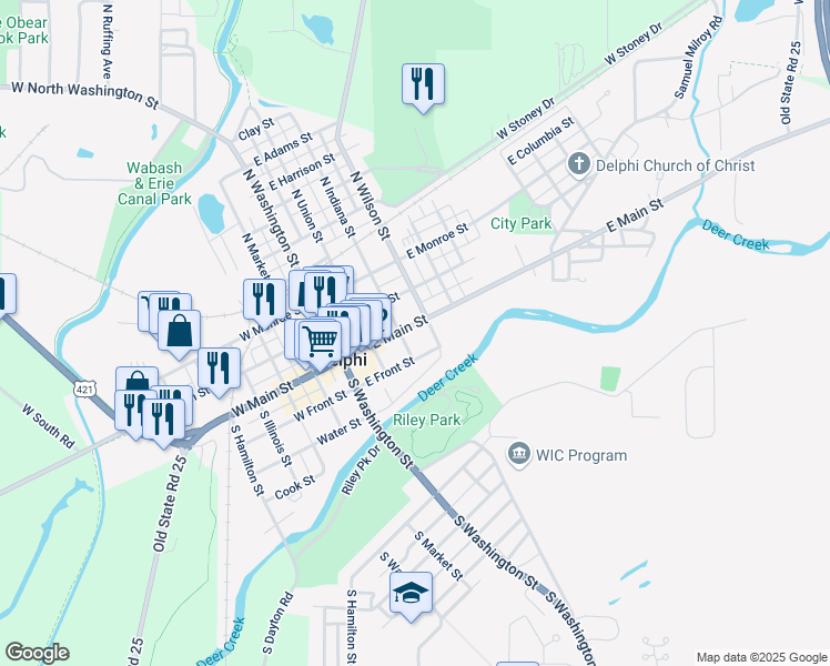 map of restaurants, bars, coffee shops, grocery stores, and more near 312 East Main Street in Delphi
