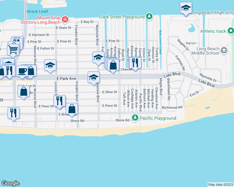 map of restaurants, bars, coffee shops, grocery stores, and more near 215 Roosevelt Boulevard in Long Beach