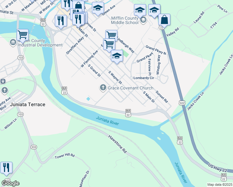 map of restaurants, bars, coffee shops, grocery stores, and more near 712 South Grand Street in Lewistown