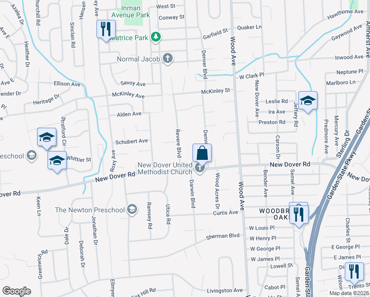 map of restaurants, bars, coffee shops, grocery stores, and more near 18 Revere Boulevard in Edison