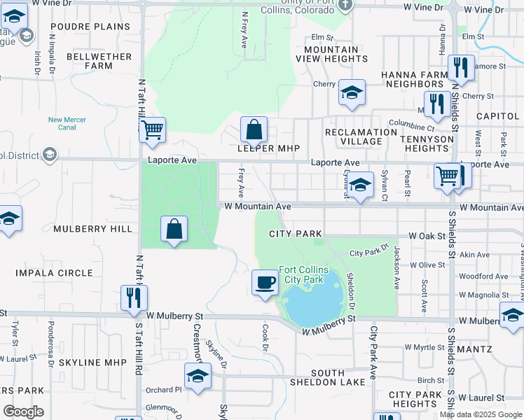 map of restaurants, bars, coffee shops, grocery stores, and more near 1715 West Mountain Avenue in Fort Collins