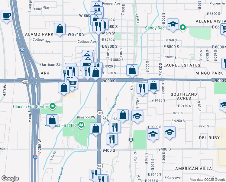 map of restaurants, bars, coffee shops, grocery stores, and more near 50E 9000 South in Sandy