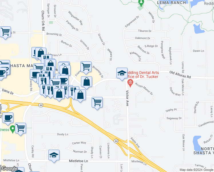 map of restaurants, bars, coffee shops, grocery stores, and more near 1269 Old Alturas Road in Redding
