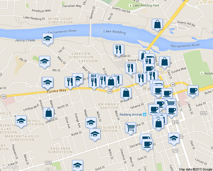 map of restaurants, bars, coffee shops, grocery stores, and more near 1132 North Court Street in Redding