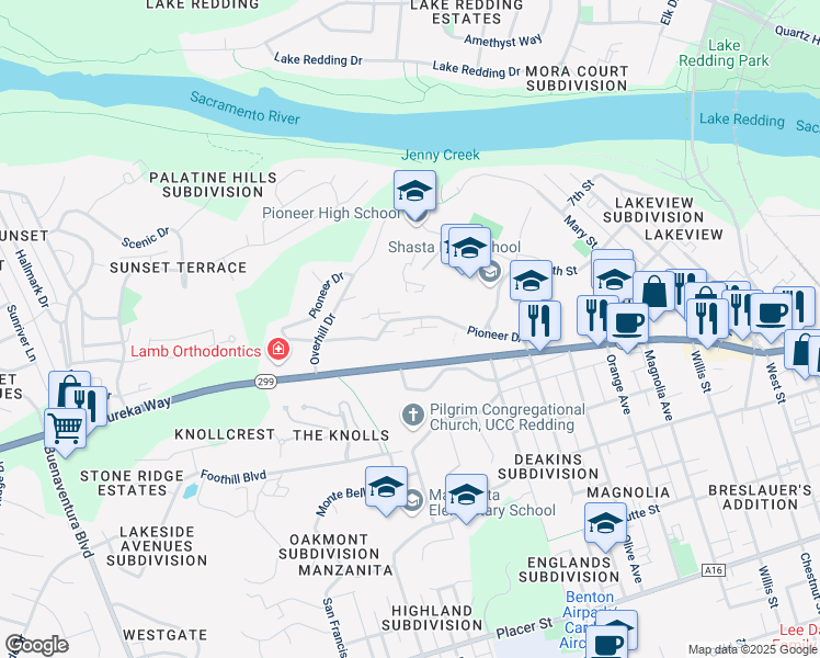 map of restaurants, bars, coffee shops, grocery stores, and more near 2755 Pioneer Drive in Redding