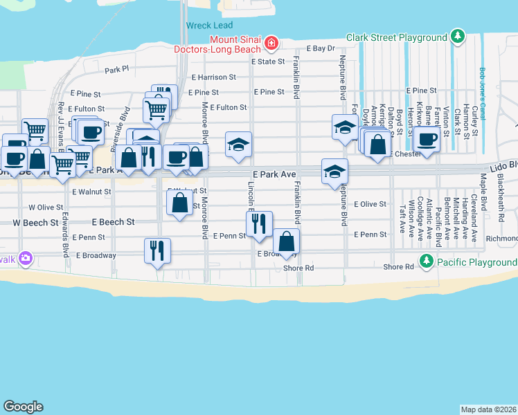 map of restaurants, bars, coffee shops, grocery stores, and more near 424 East Olive Street in Long Beach
