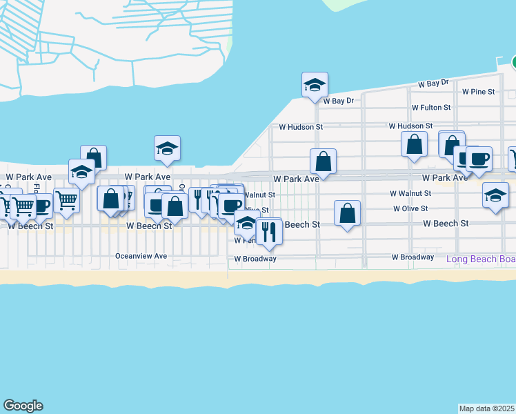 map of restaurants, bars, coffee shops, grocery stores, and more near 255 Grand Boulevard in Long Beach