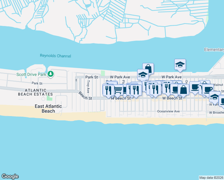 map of restaurants, bars, coffee shops, grocery stores, and more near 76 Nevada Avenue in Long Beach