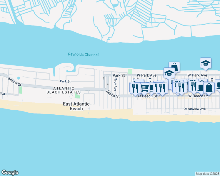 map of restaurants, bars, coffee shops, grocery stores, and more near 71 Troy Avenue in East Atlantic Beach
