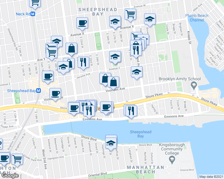map of restaurants, bars, coffee shops, grocery stores, and more near 4701 Bedford Avenue in Brooklyn