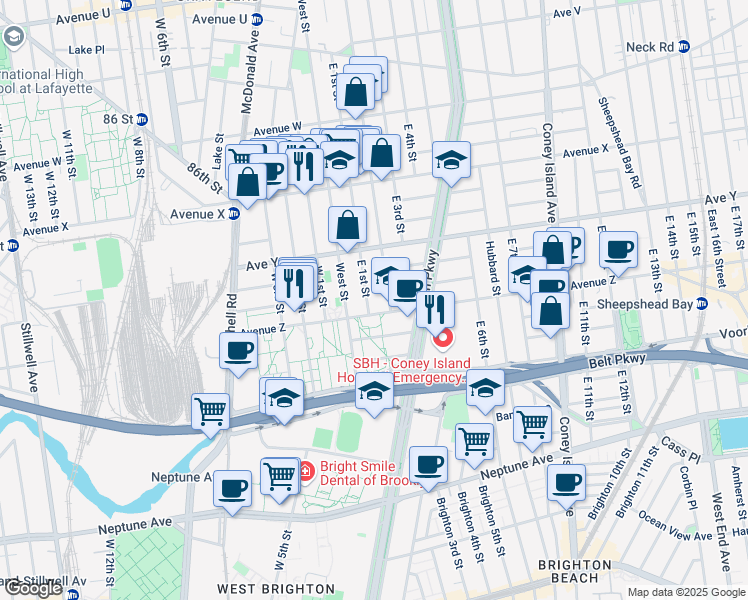 map of restaurants, bars, coffee shops, grocery stores, and more near 2568 East 2nd Street in Brooklyn