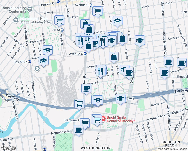map of restaurants, bars, coffee shops, grocery stores, and more near 2542 West 3rd Street in Brooklyn
