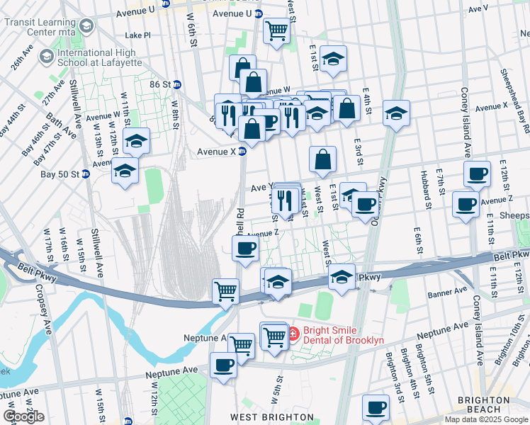 map of restaurants, bars, coffee shops, grocery stores, and more near 2542 West 3rd Street in Brooklyn