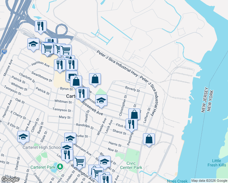 map of restaurants, bars, coffee shops, grocery stores, and more near 28 Saint Ann Street in Carteret