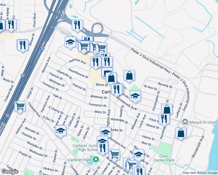 map of restaurants, bars, coffee shops, grocery stores, and more near in Carteret