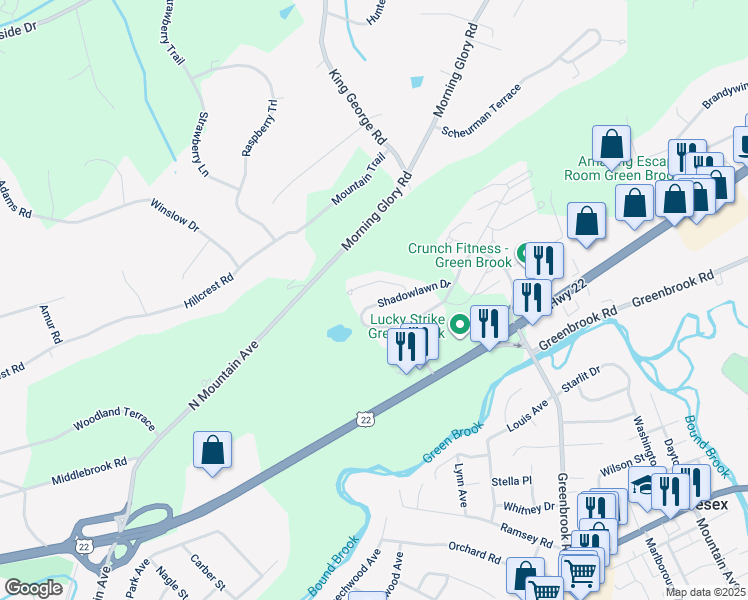 map of restaurants, bars, coffee shops, grocery stores, and more near 117 Wallace Court in Green Brook Township