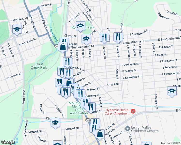 map of restaurants, bars, coffee shops, grocery stores, and more near 1510 Chapel Avenue in Allentown