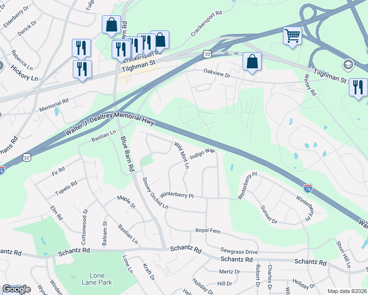 map of restaurants, bars, coffee shops, grocery stores, and more near 479 Wild Mint Lane in Allentown