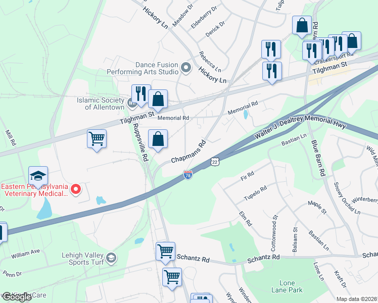 map of restaurants, bars, coffee shops, grocery stores, and more near 6374A Farm Bureau Road in Allentown