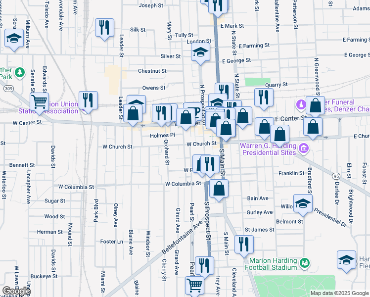 map of restaurants, bars, coffee shops, grocery stores, and more near 175 Pearl Street in Marion