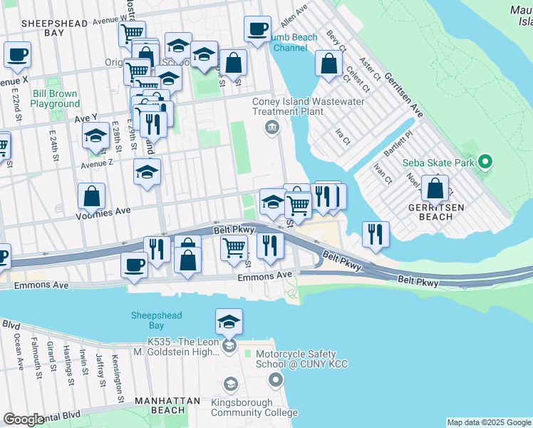 map of restaurants, bars, coffee shops, grocery stores, and more near 3845 Shore Parkway in Brooklyn