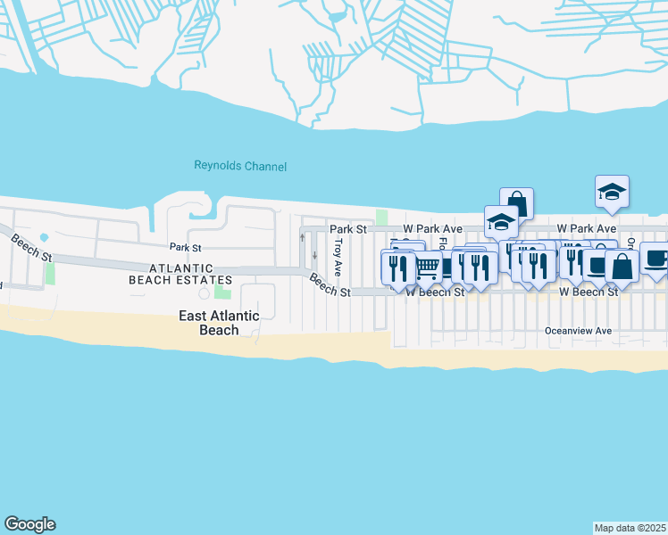 map of restaurants, bars, coffee shops, grocery stores, and more near 71 Troy Avenue in East Atlantic Beach