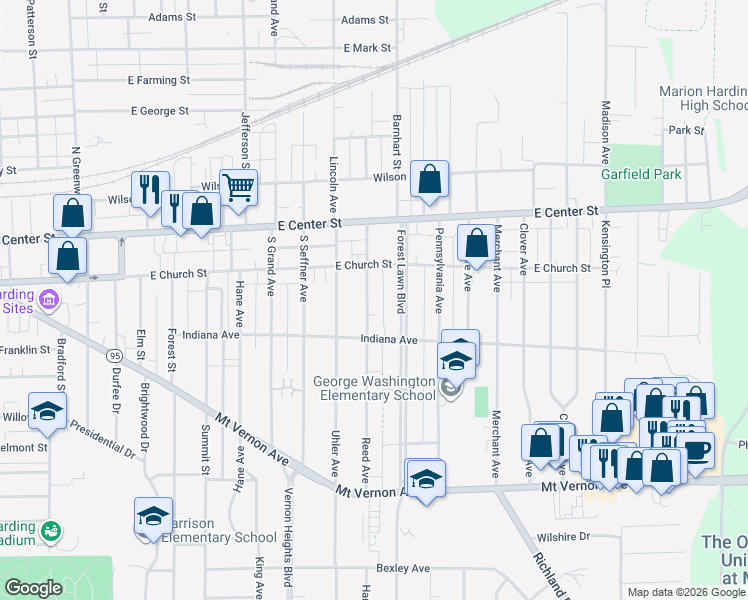 map of restaurants, bars, coffee shops, grocery stores, and more near 224 Reed Avenue in Marion