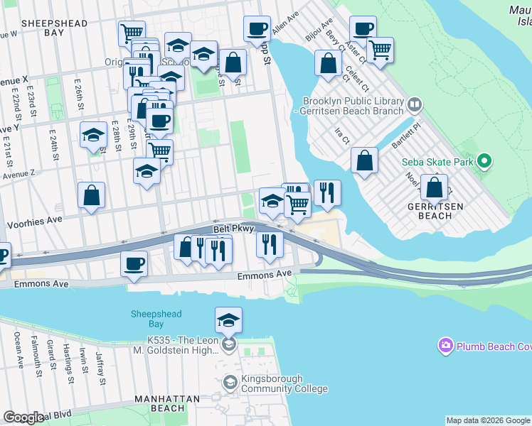 map of restaurants, bars, coffee shops, grocery stores, and more near 3845 Shore Parkway in Brooklyn