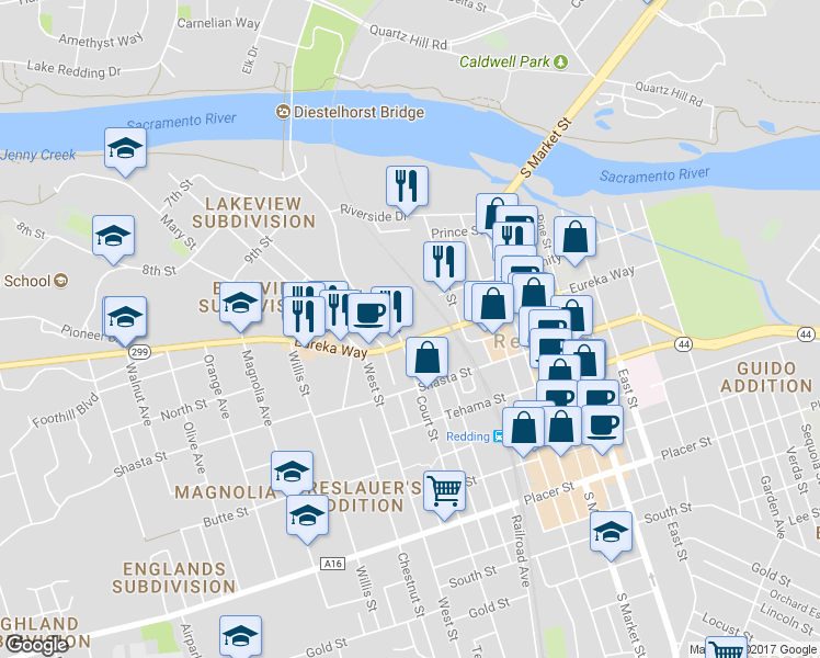 map of restaurants, bars, coffee shops, grocery stores, and more near 1740 Eureka Way in Redding