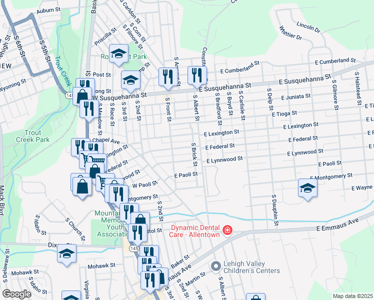 map of restaurants, bars, coffee shops, grocery stores, and more near 34 East Federal Street in Allentown
