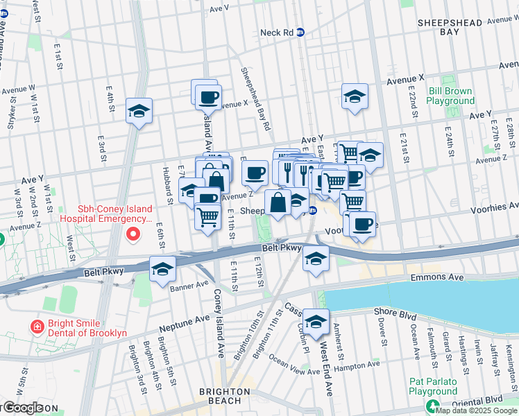 map of restaurants, bars, coffee shops, grocery stores, and more near 2616 Homecrest Avenue in Brooklyn