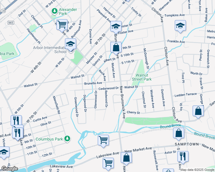 map of restaurants, bars, coffee shops, grocery stores, and more near 1355 Rock Avenue in Piscataway