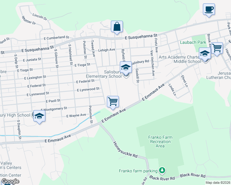 map of restaurants, bars, coffee shops, grocery stores, and more near 1720 Paxford Rd in Allentown
