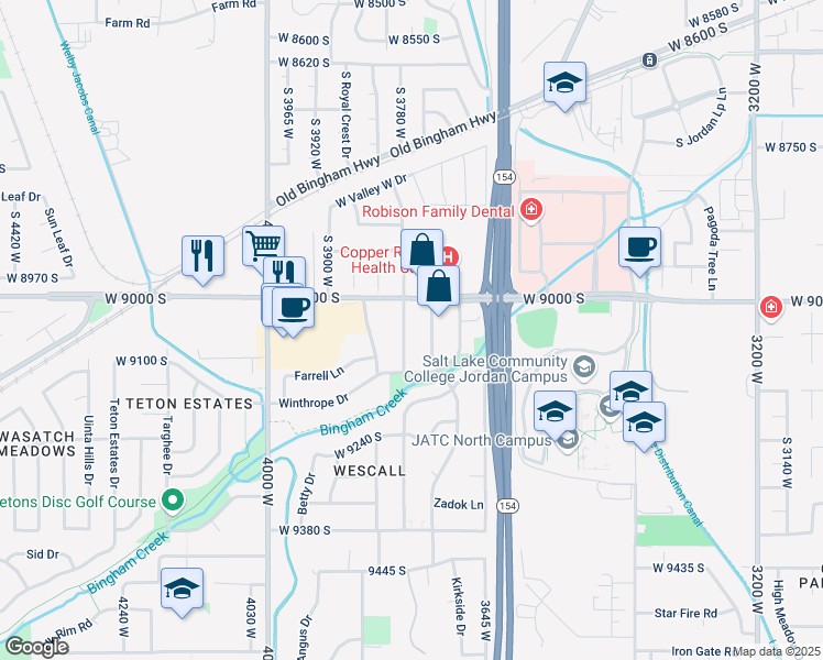 map of restaurants, bars, coffee shops, grocery stores, and more near 9049 Elmhearst Dr in West Jordan