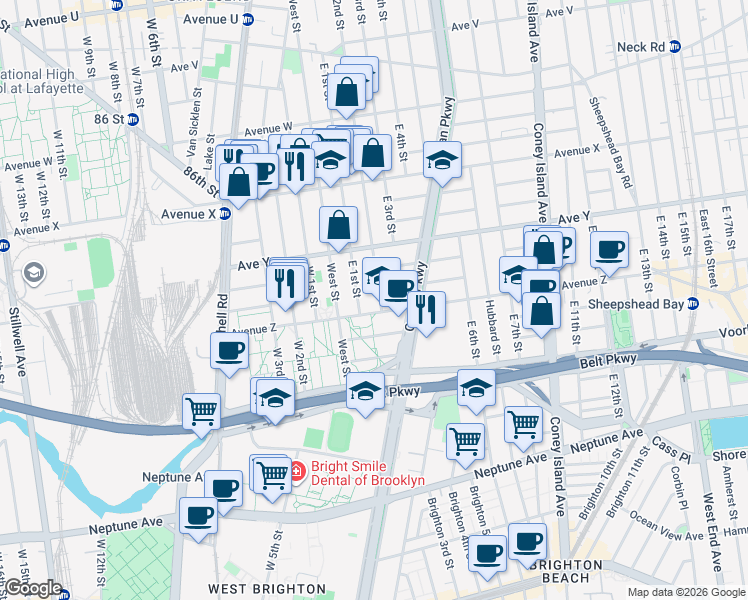 map of restaurants, bars, coffee shops, grocery stores, and more near 2568 East 2nd Street in Brooklyn