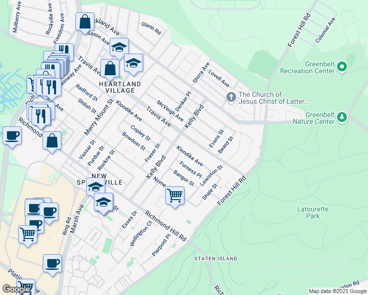 map of restaurants, bars, coffee shops, grocery stores, and more near 288 Travis Avenue in Staten Island