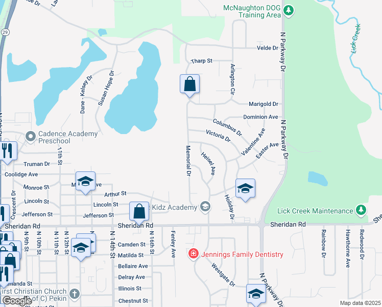 map of restaurants, bars, coffee shops, grocery stores, and more near 1806 Memorial Drive in Pekin