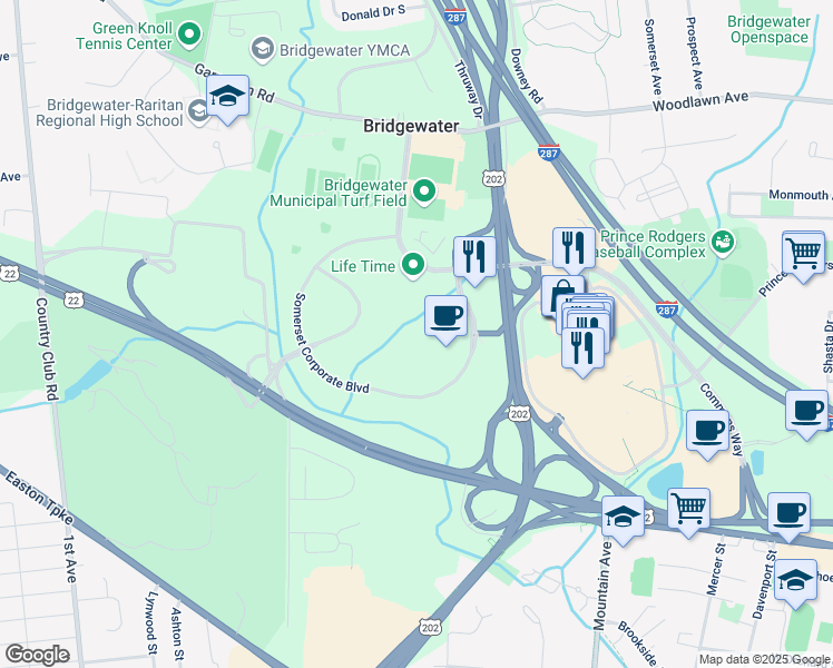 map of restaurants, bars, coffee shops, grocery stores, and more near 500 Somerset Corporate Boulevard in Bridgewater