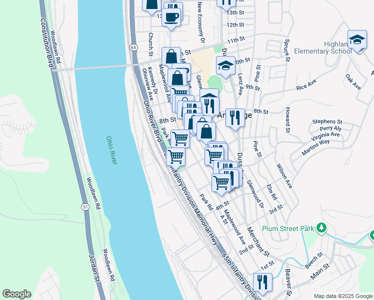 map of restaurants, bars, coffee shops, grocery stores, and more near 641 Maplewood Ave in Ambridge