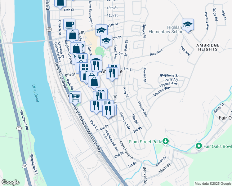 map of restaurants, bars, coffee shops, grocery stores, and more near 533 Beaver Rd in Ambridge