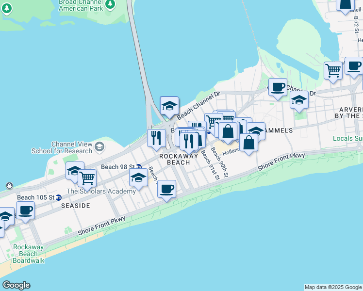 map of restaurants, bars, coffee shops, grocery stores, and more near 148 De Sota Road in Queens