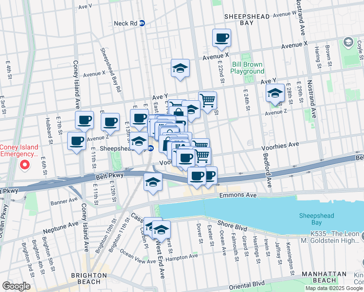 map of restaurants, bars, coffee shops, grocery stores, and more near 2652 East 18th Street in Brooklyn