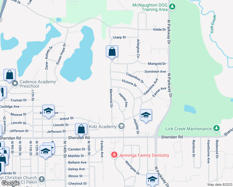 map of restaurants, bars, coffee shops, grocery stores, and more near 1806 Memorial Drive in Pekin