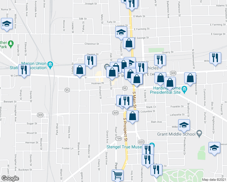 map of restaurants, bars, coffee shops, grocery stores, and more near 175 Pearl Street in Marion