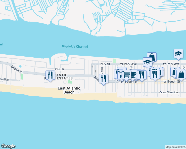 map of restaurants, bars, coffee shops, grocery stores, and more near 56 Malone Avenue in East Atlantic Beach