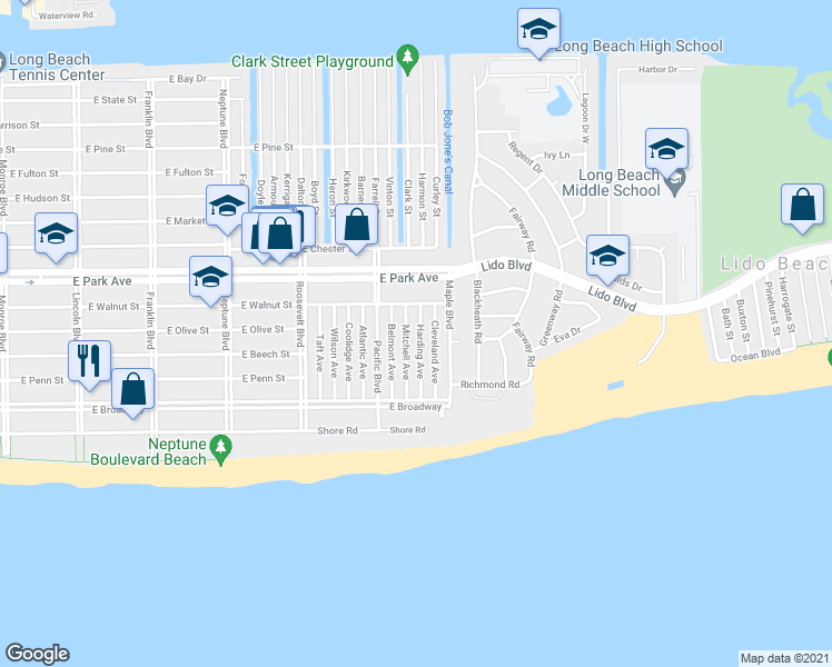 map of restaurants, bars, coffee shops, grocery stores, and more near 135 Harding Avenue in Long Beach