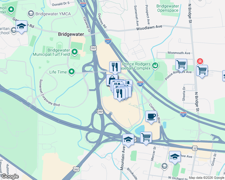 map of restaurants, bars, coffee shops, grocery stores, and more near 400 Commons Way in Bridgewater
