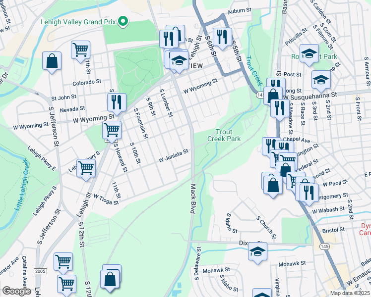 map of restaurants, bars, coffee shops, grocery stores, and more near 1269 South Lumber Street in Allentown