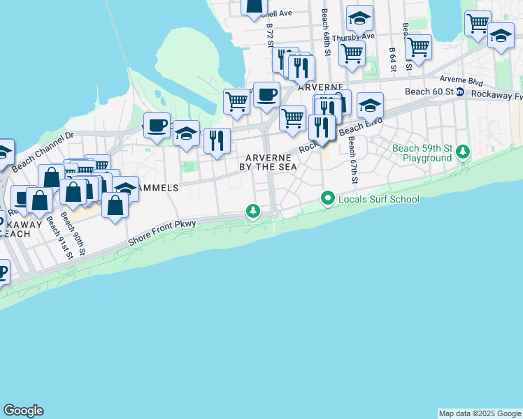 map of restaurants, bars, coffee shops, grocery stores, and more near 1-30 Beach 74th Street in Queens