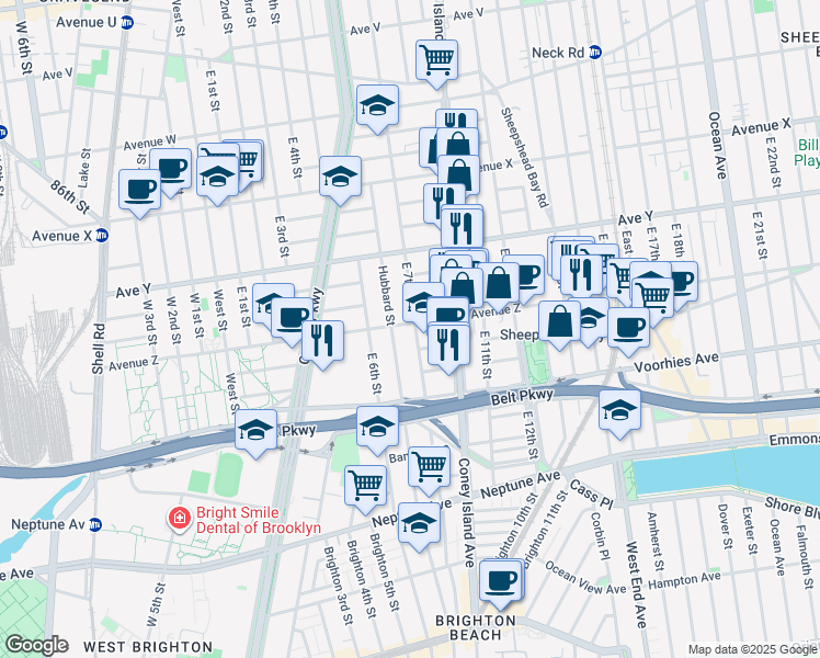 map of restaurants, bars, coffee shops, grocery stores, and more near 2602 East 7th Street in Brooklyn